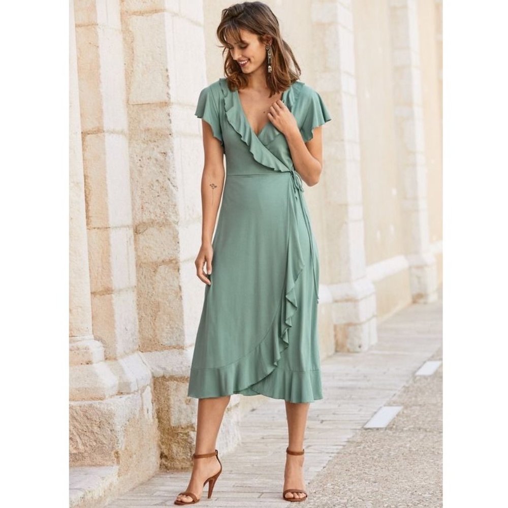 Peruvian Connection 'Conservatory' Midi Green Short Sleeve Ruffle Wrap Dress